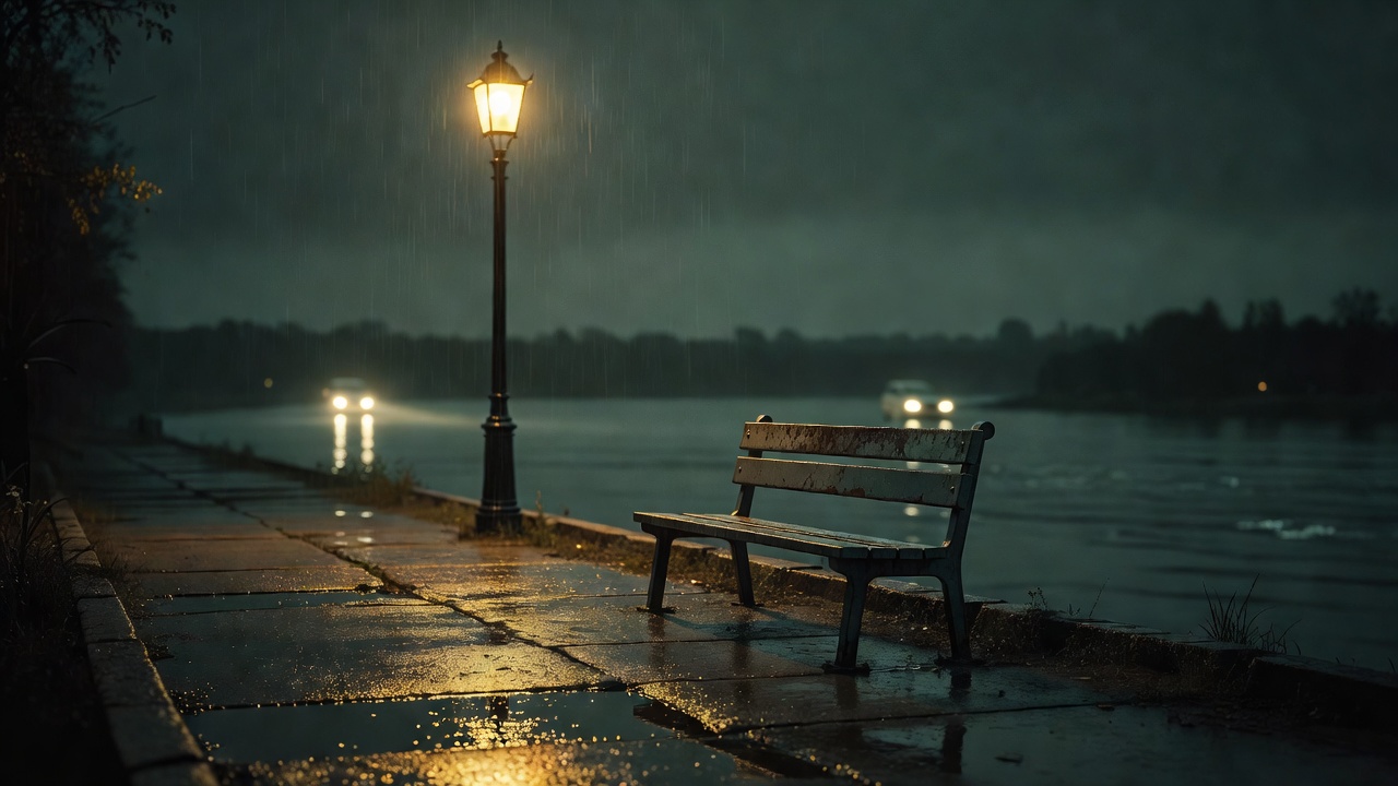 雨夜公交站台的长镜头剧照，暖黄路灯光与湿漉漉的地面反光