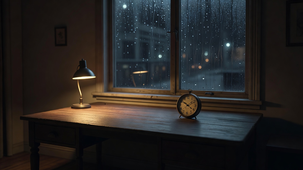 雨夜临街房间的窗景，室内台灯与窗外街灯形成冷暖对比，桌上放着走时的旧钟